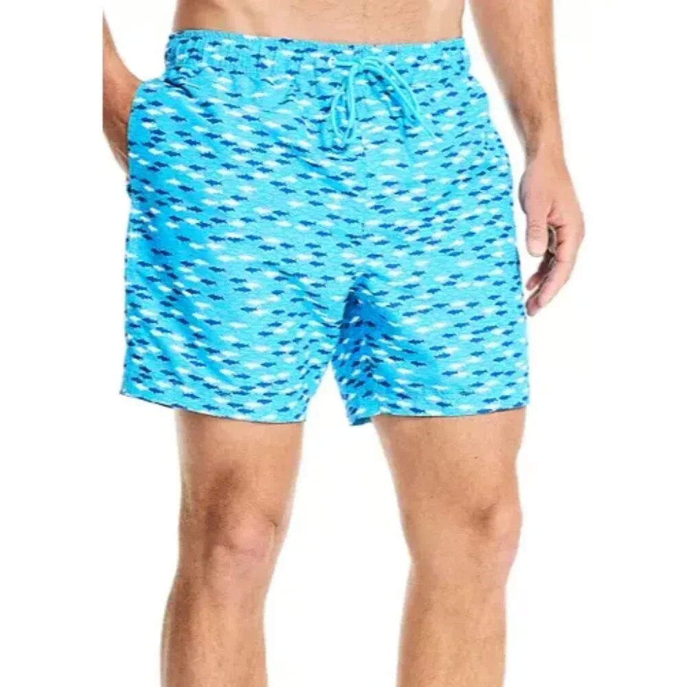 Nautica Mens XL Blue White Shark Fish Print Lined Swim Trunks Drawstring NEW